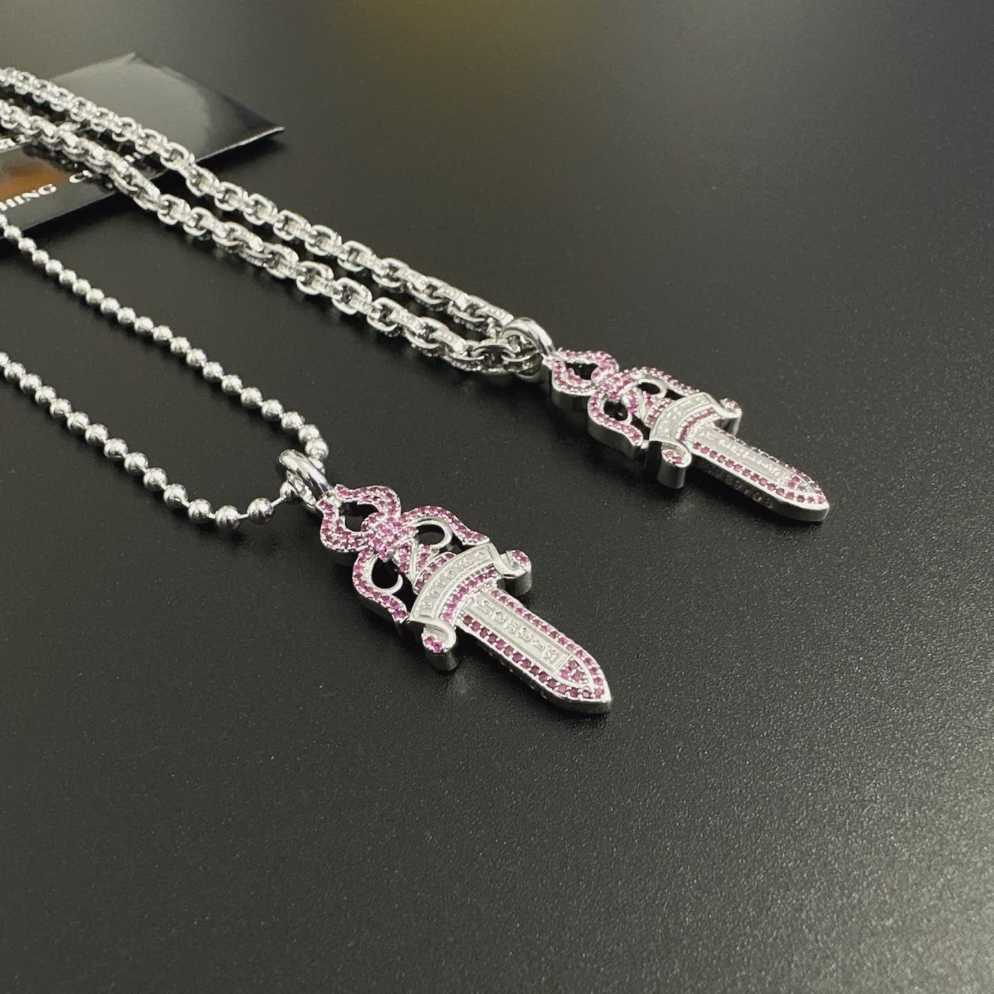 Chrome Hearts Silver Sword Pendant Necklace with Pink Stones